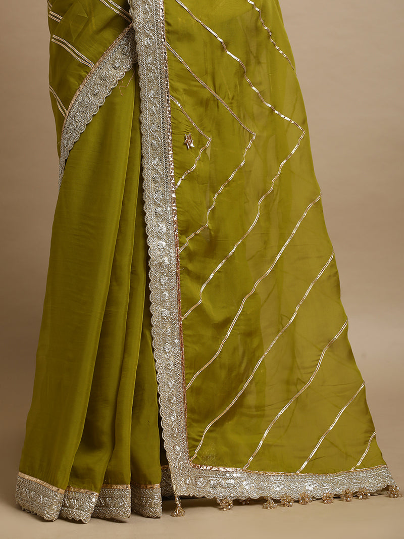 Kalindi x Tyohaar | Amber Olive Viscose Organza Saree With Handcrafted Geometric Gota Work-Binks