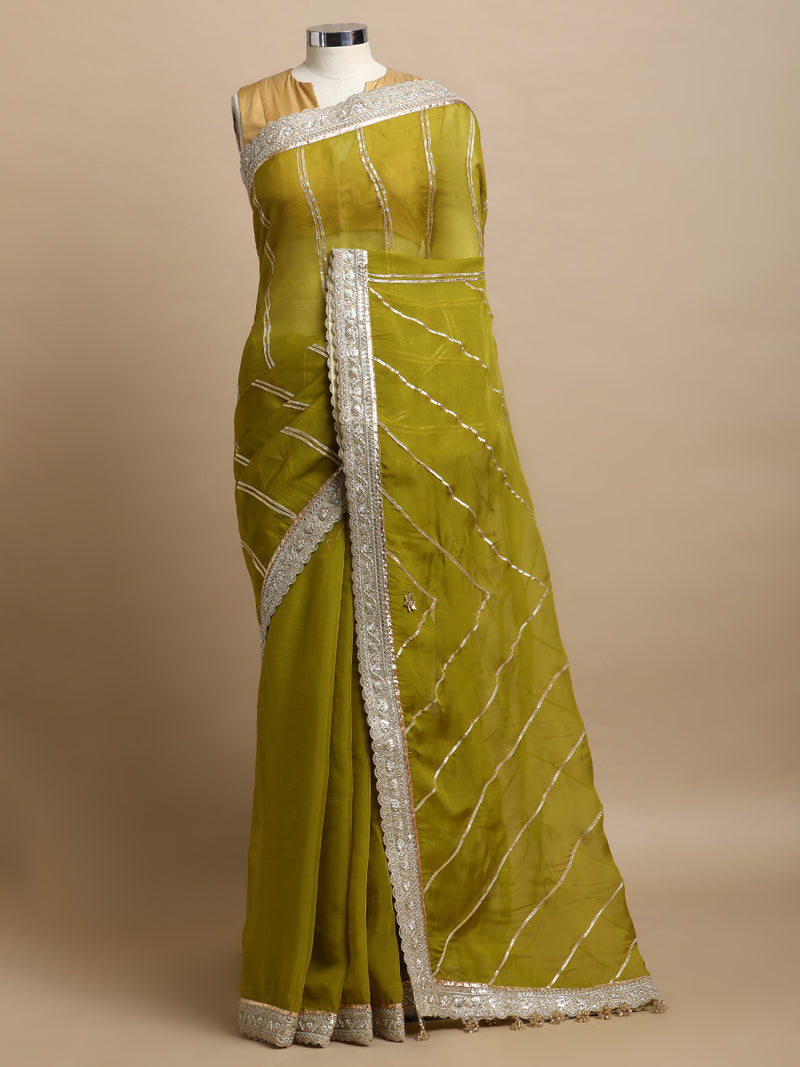 Kalindi x Tyohaar | Amber Olive Viscose Organza Saree With Handcrafted Geometric Gota Work-Binks