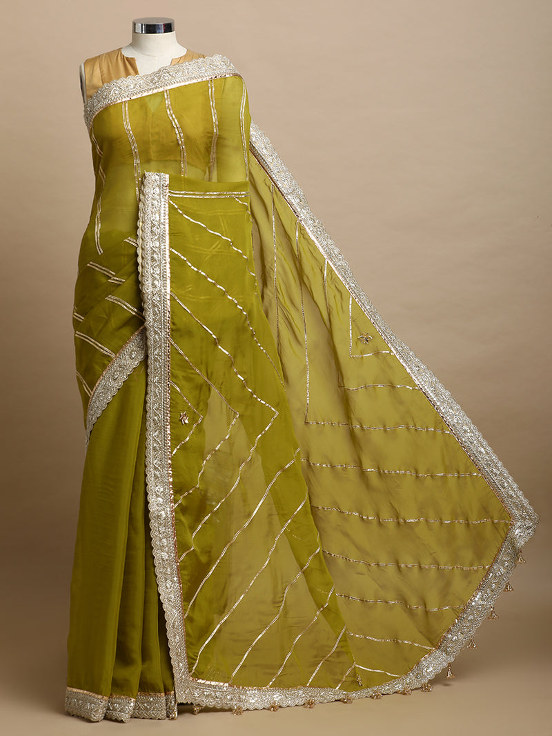 Kalindi x Tyohaar | Amber Olive Viscose Organza Saree With Handcrafted Geometric Gota Work-Binks