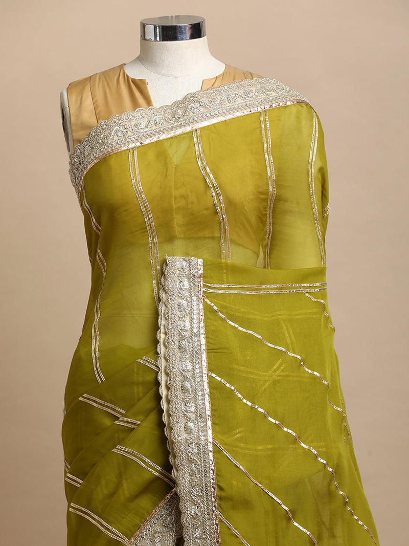 Kalindi x Tyohaar | Amber Olive Viscose Organza Saree With Handcrafted Geometric Gota Work-Binks