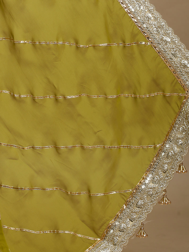 Kalindi x Tyohaar | Amber Olive Viscose Organza Saree With Handcrafted Geometric Gota Work-Binks