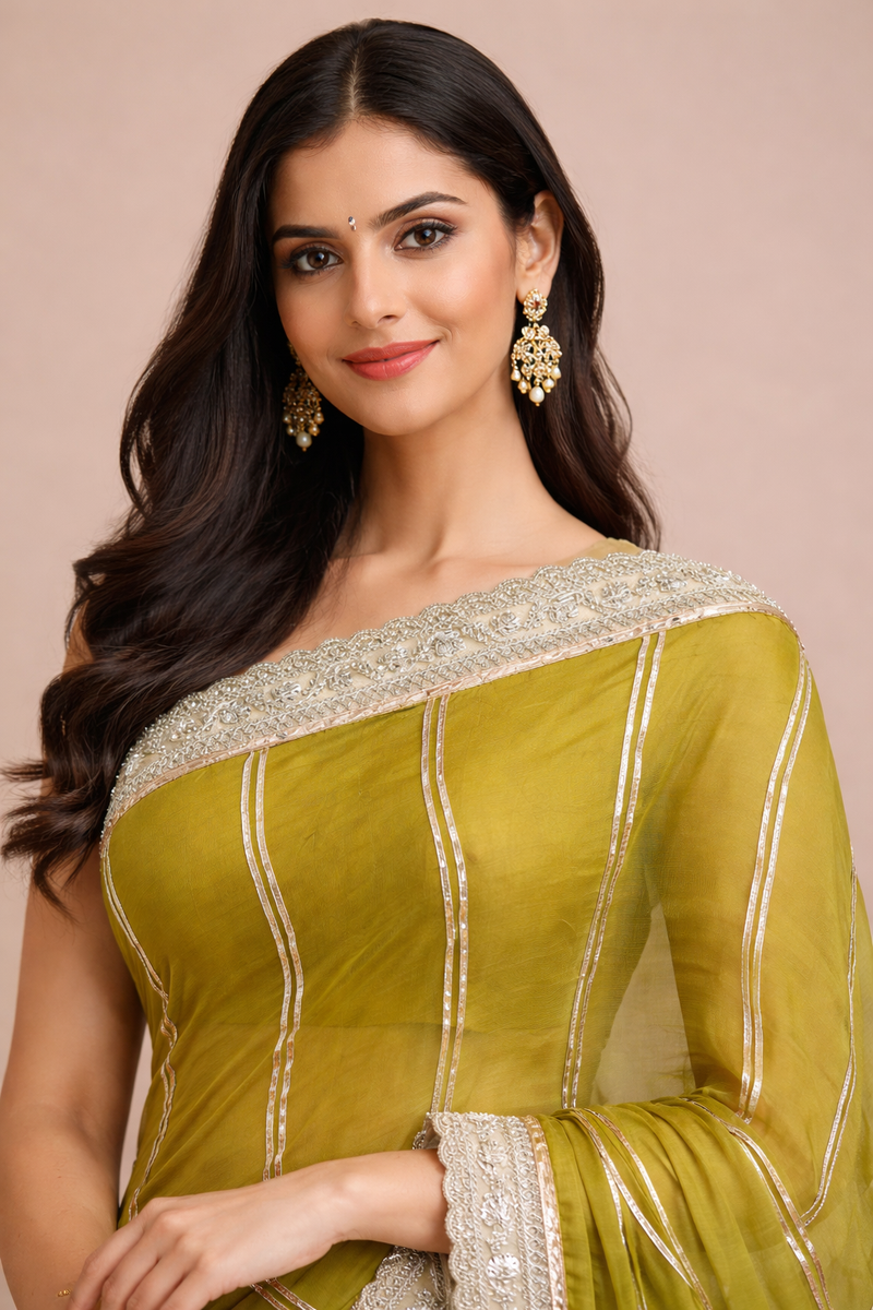 Kalindi x Tyohaar | Amber Olive Viscose Organza Saree With Handcrafted Geometric Gota Work-Binks
