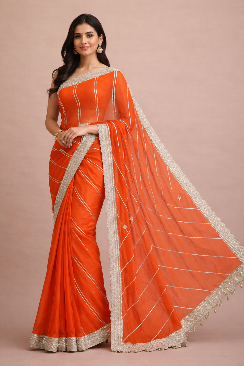 Kalindi x Tyohaar | Candy Orange Viscose Organza Saree With Handcrafted Geometric Gota Work-Binks