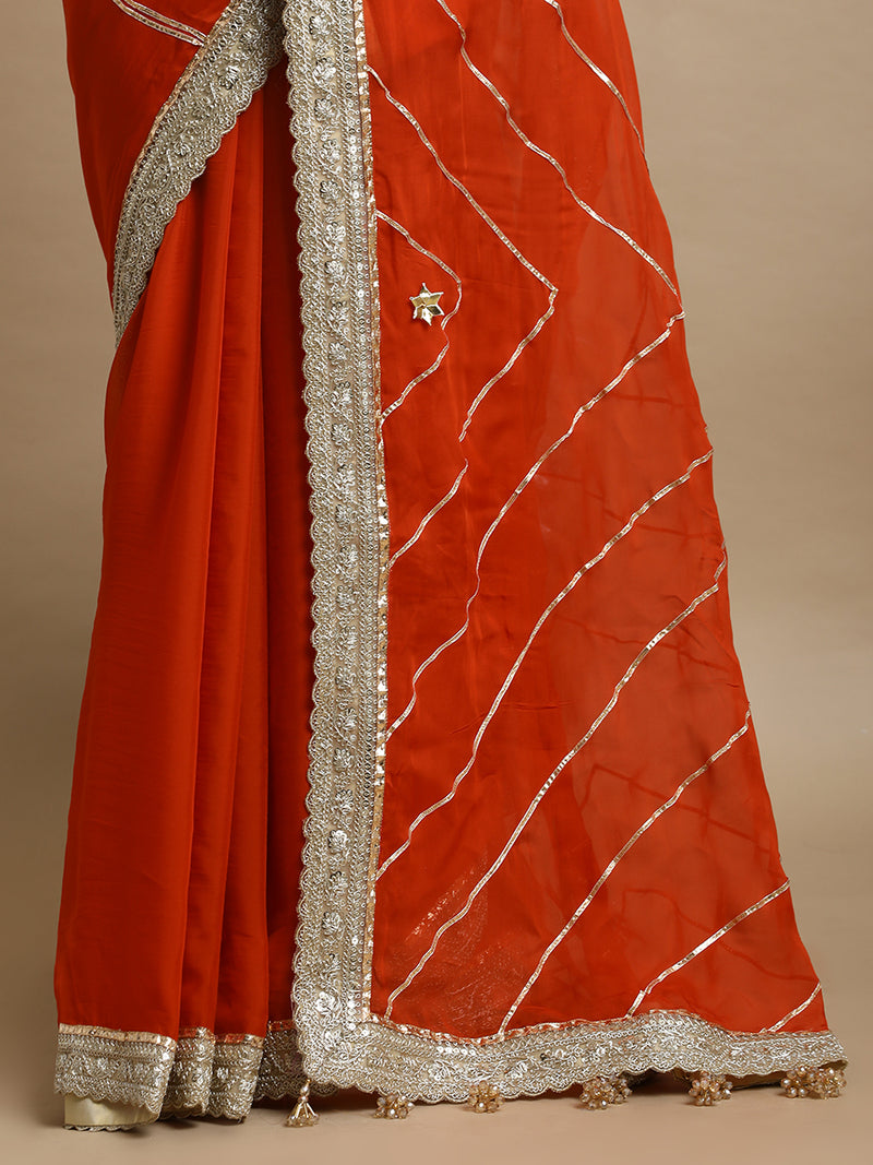 Kalindi x Tyohaar | Candy Orange Viscose Organza Saree With Handcrafted Geometric Gota Work-Binks
