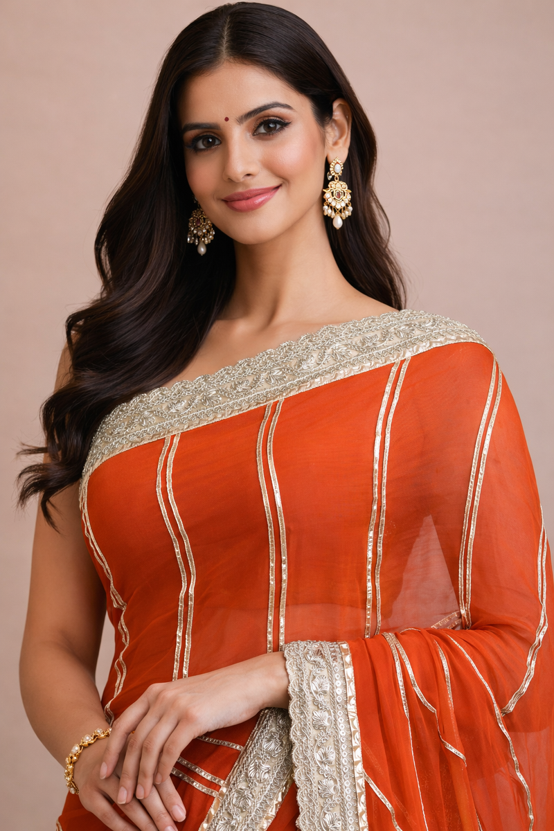 Kalindi x Tyohaar | Candy Orange Viscose Organza Saree With Handcrafted Geometric Gota Work-Binks