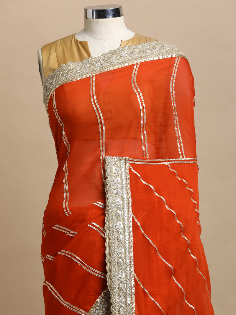 Kalindi x Tyohaar | Candy Orange Viscose Organza Saree With Handcrafted Geometric Gota Work-Binks