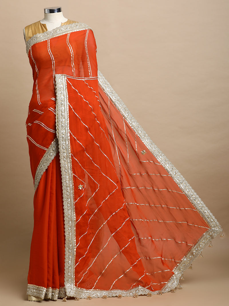Kalindi x Tyohaar | Candy Orange Viscose Organza Saree With Handcrafted Geometric Gota Work-Binks