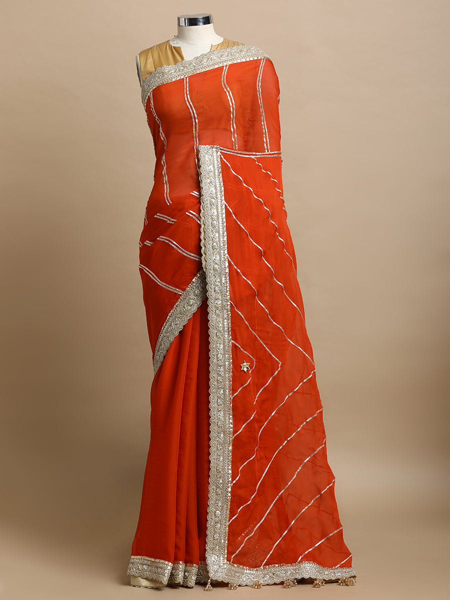 Kalindi x Tyohaar Saree, in Orange Viscose Organza, made for party & festive (view 7).
