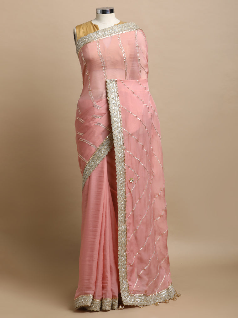 Kalindi x Tyohaar Saree, in Pink Viscose Organza, made for party & festive (view 3).
