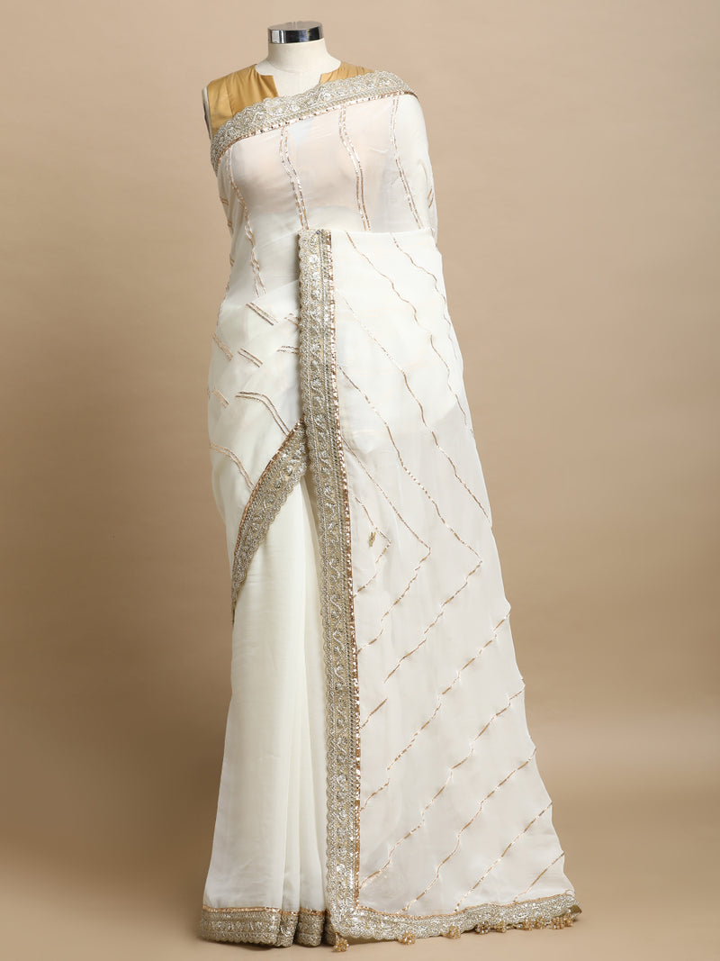 Kalindi x Tyohaar | Frost White Viscose Organza Saree With Handcrafted Geometric Gota Work-Binks