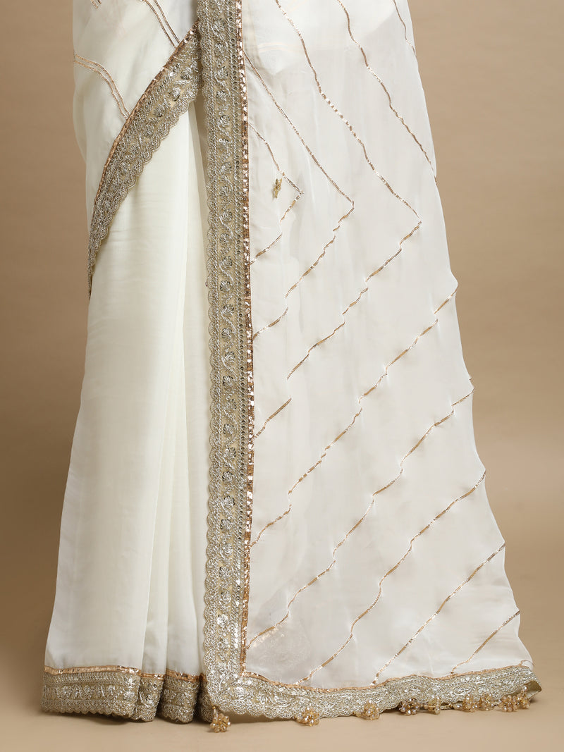 Kalindi x Tyohaar | Frost White Viscose Organza Saree With Handcrafted Geometric Gota Work-Binks