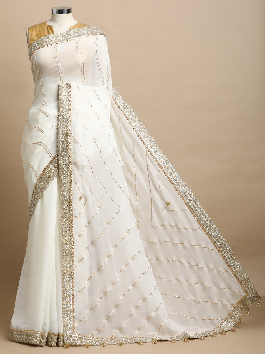 Kalindi x Tyohaar Saree, in White Viscose Organza, made for party & festive (view 3).
