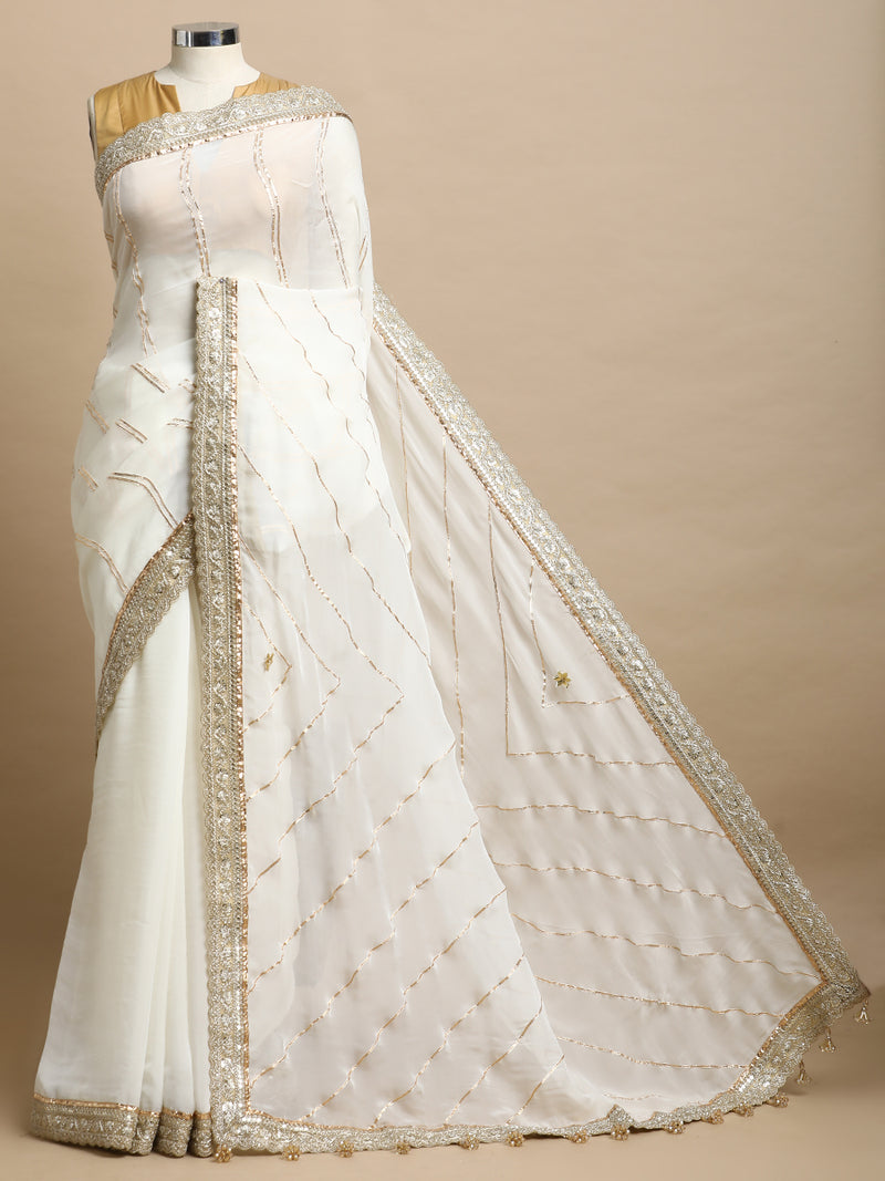 Kalindi x Tyohaar | Frost White Viscose Organza Saree With Handcrafted Geometric Gota Work-Binks