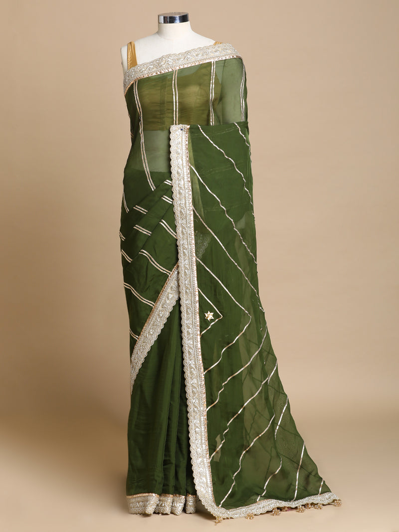 Kalindi x Tyohaar | Harvest Green Viscose Organza Saree With Handcrafted Geometric Gota Work-Binks