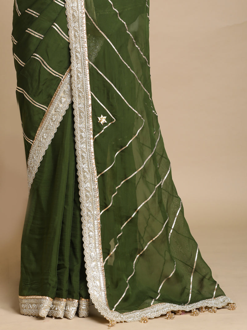 Kalindi x Tyohaar | Harvest Green Viscose Organza Saree With Handcrafted Geometric Gota Work-Binks