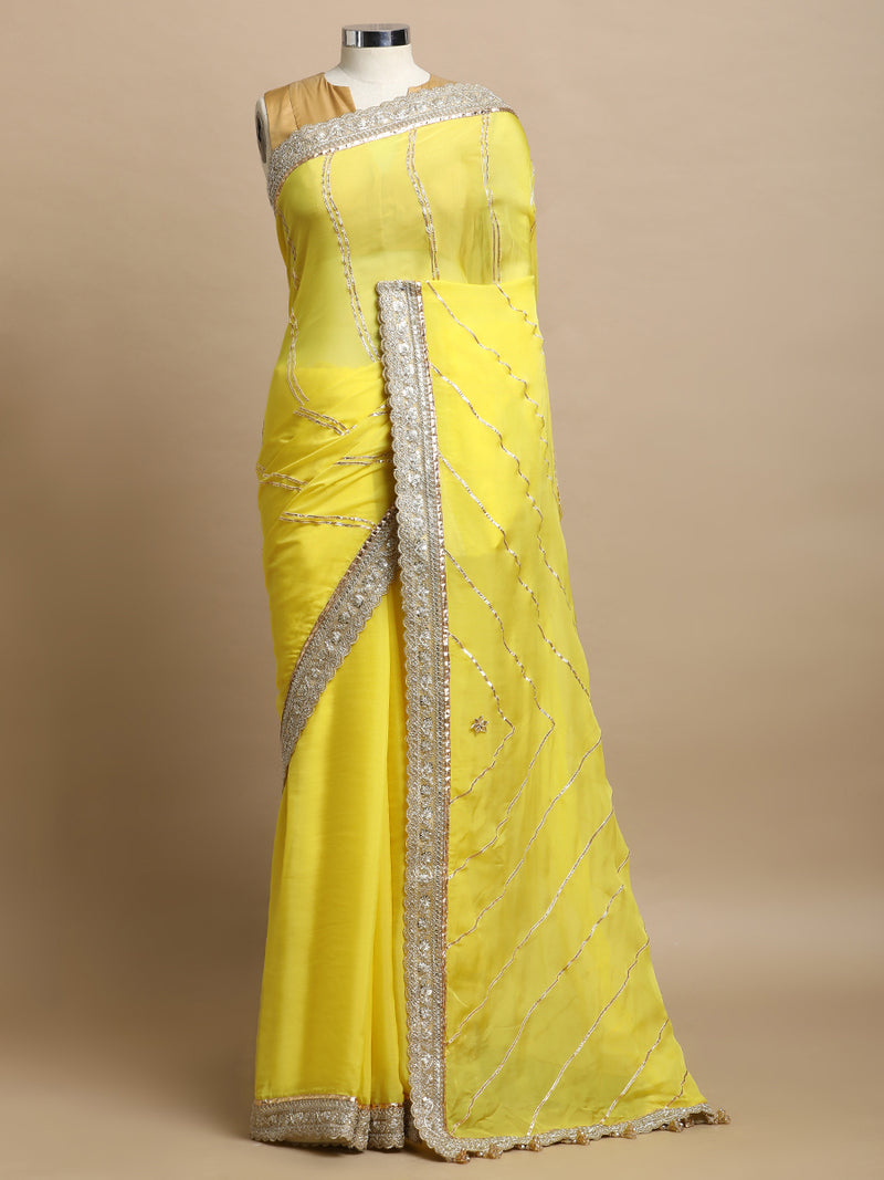 Kalindi x Tyohaar | Lumina Yellow Viscose Organza Saree With Handcrafted Geometric Gota Work-Binks