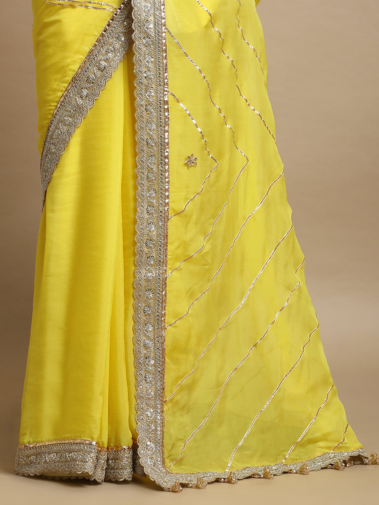 Kalindi x Tyohaar Saree, in Yellow Viscose Organza, made for party & festive (view 2).