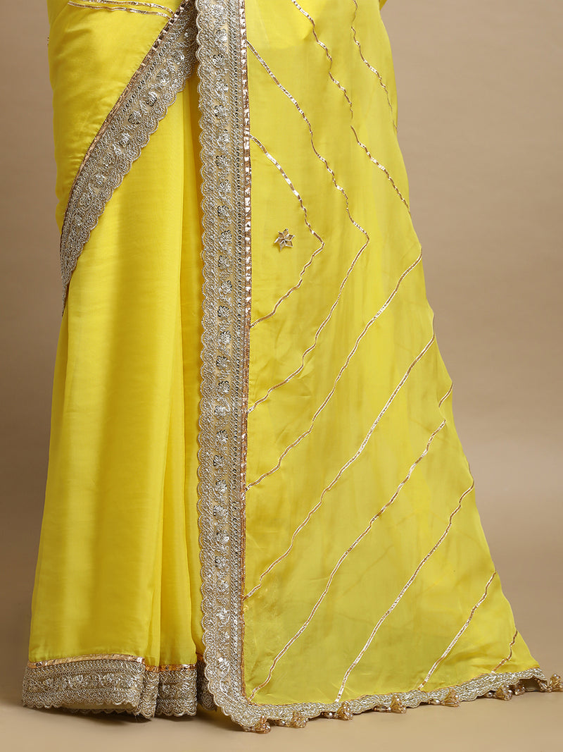 Kalindi x Tyohaar | Lumina Yellow Viscose Organza Saree With Handcrafted Geometric Gota Work-Binks