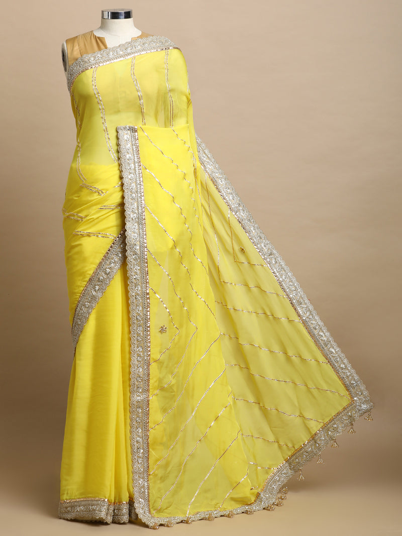 Kalindi x Tyohaar | Lumina Yellow Viscose Organza Saree With Handcrafted Geometric Gota Work-Binks