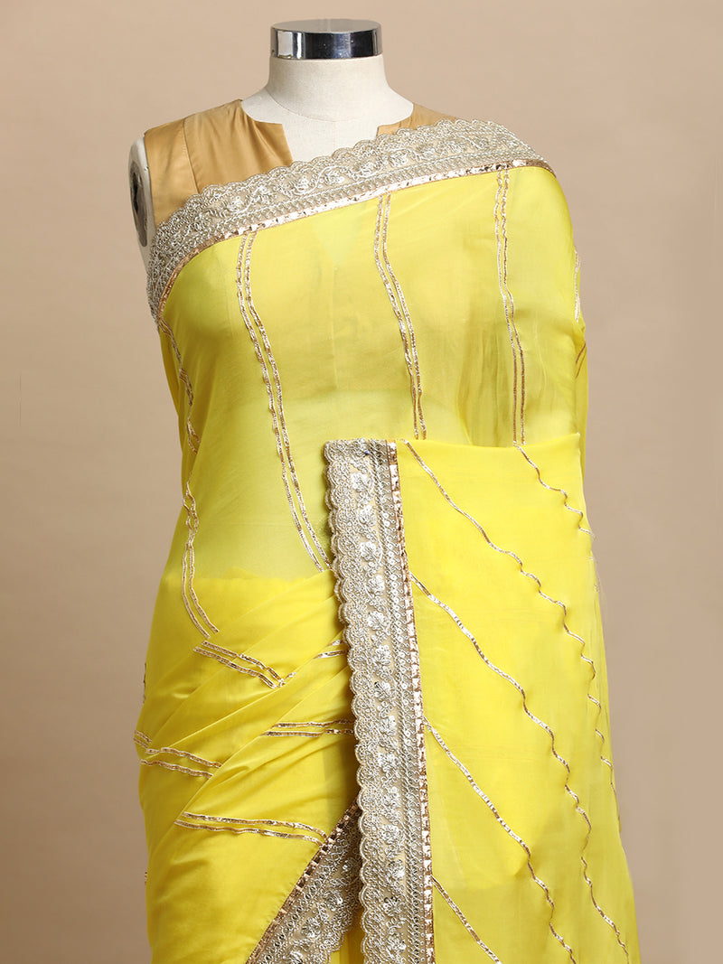 Kalindi x Tyohaar | Lumina Yellow Viscose Organza Saree With Handcrafted Geometric Gota Work-Binks
