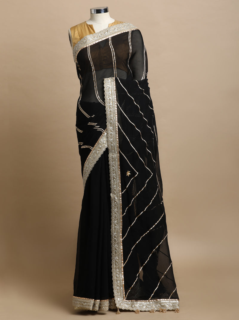 Kalindi x Tyohaar | Mystic Black Viscose Organza Saree With Handcrafted Geometric Gota Work-Binks