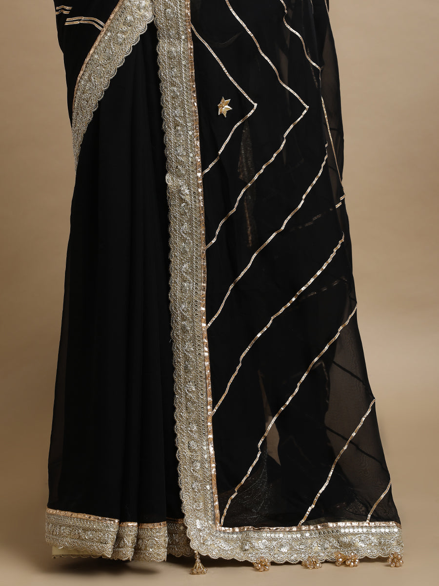 Kalindi x Tyohaar Saree, in Black Viscose Organza, made for party & festive (view 2).