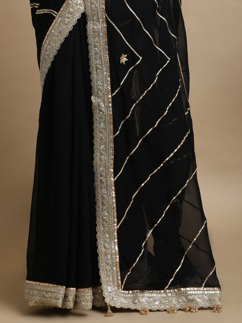 Kalindi x Tyohaar | Mystic Black Viscose Organza Saree With Handcrafted Geometric Gota Work-Binks