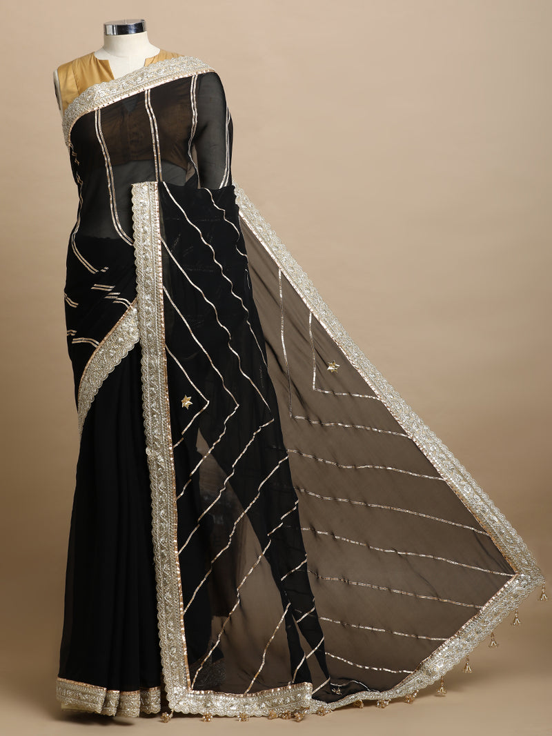 Kalindi x Tyohaar | Mystic Black Viscose Organza Saree With Handcrafted Geometric Gota Work-Binks