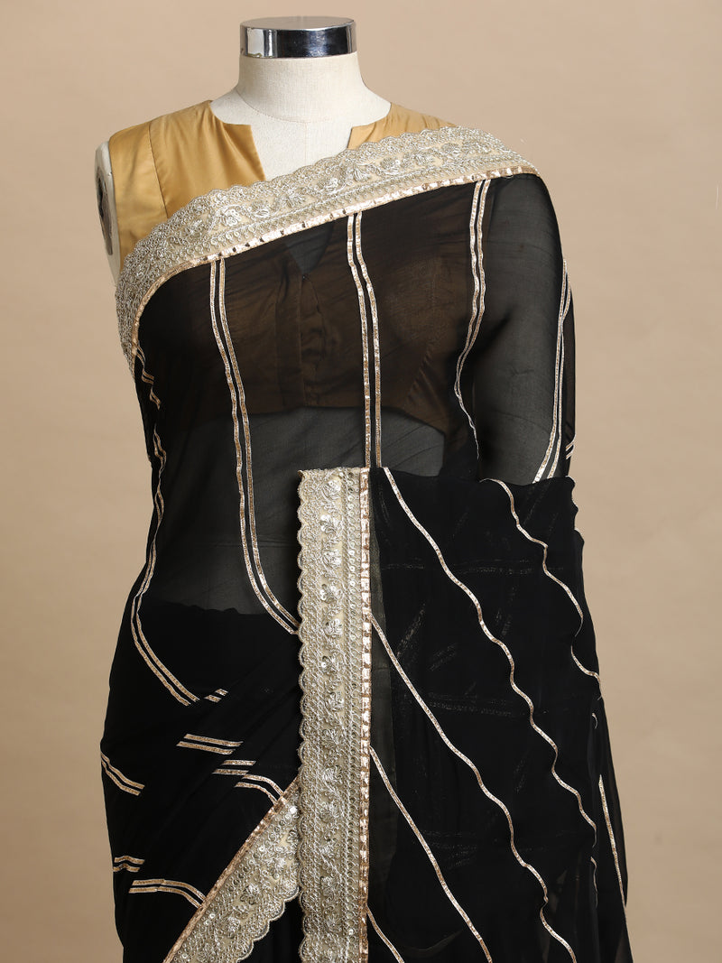 Kalindi x Tyohaar | Mystic Black Viscose Organza Saree With Handcrafted Geometric Gota Work-Binks
