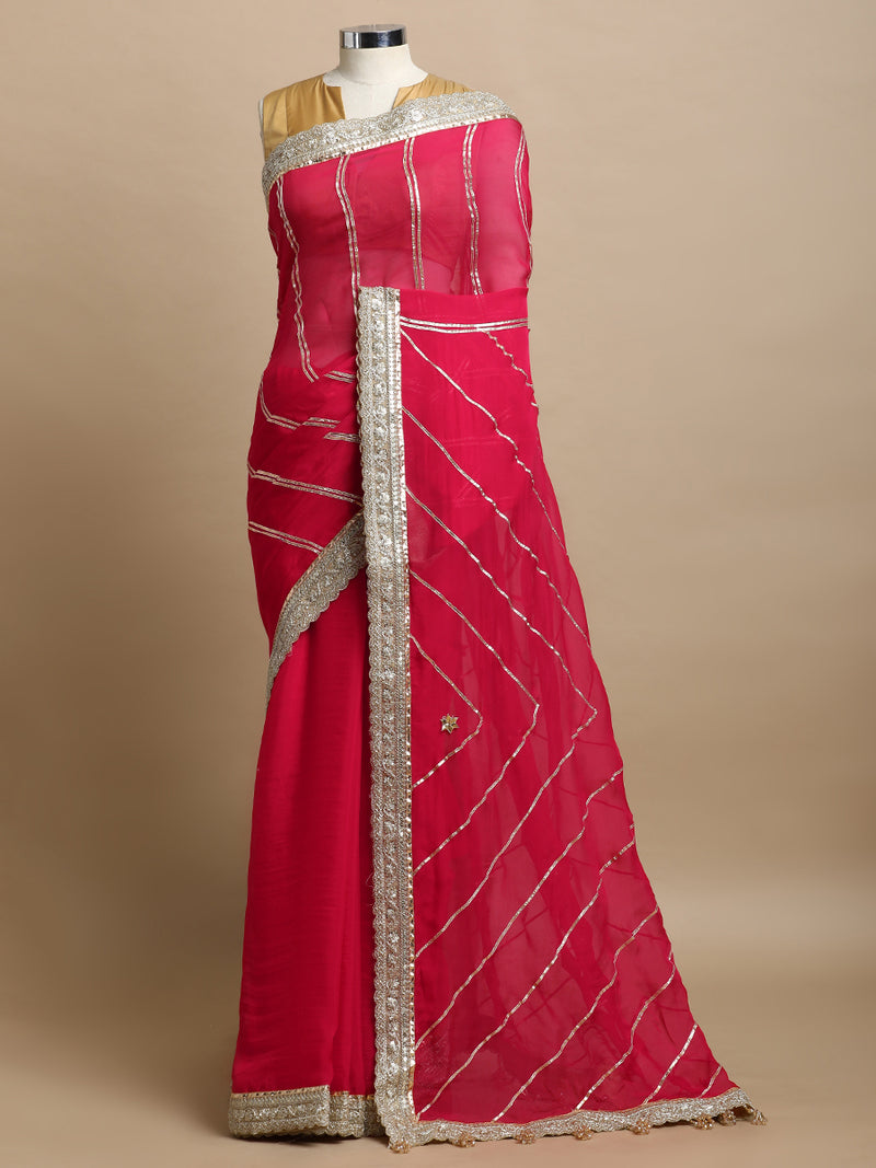 Kalindi x Tyohaar | Pink Rush Viscose Organza Saree With Handcrafted Geometric Gota Work-Binks
