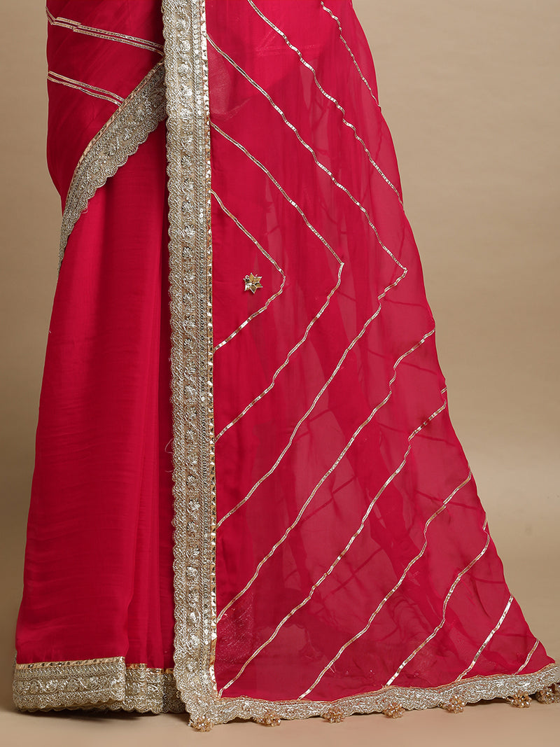 Kalindi x Tyohaar | Pink Rush Viscose Organza Saree With Handcrafted Geometric Gota Work-Binks