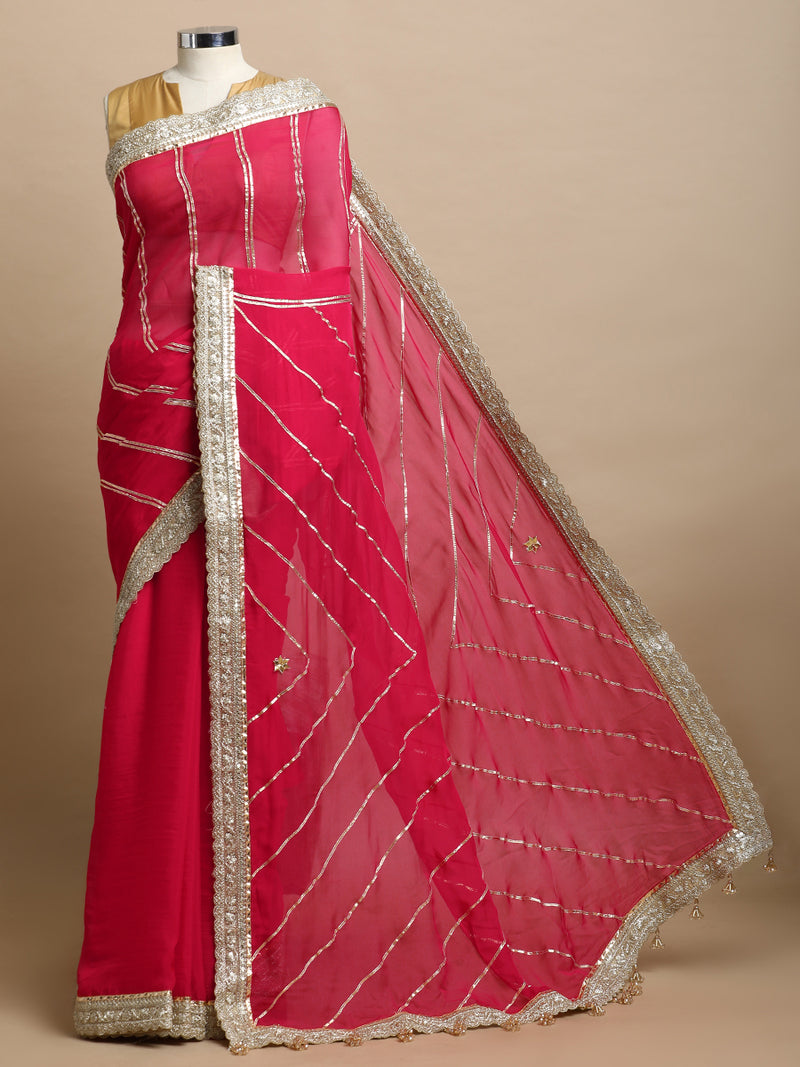 Kalindi x Tyohaar | Pink Rush Viscose Organza Saree With Handcrafted Geometric Gota Work-Binks