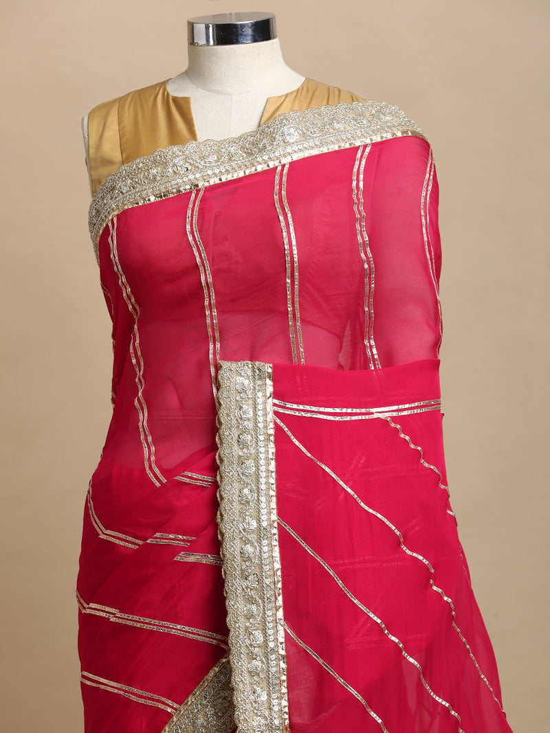 Kalindi x Tyohaar | Pink Rush Viscose Organza Saree With Handcrafted Geometric Gota Work-Binks