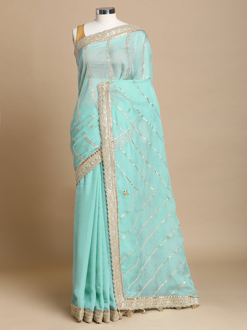 Kalindi x Tyohaar | Powder Blue Viscose Organza Saree With Handcrafted Geometric Gota Work-Binks
