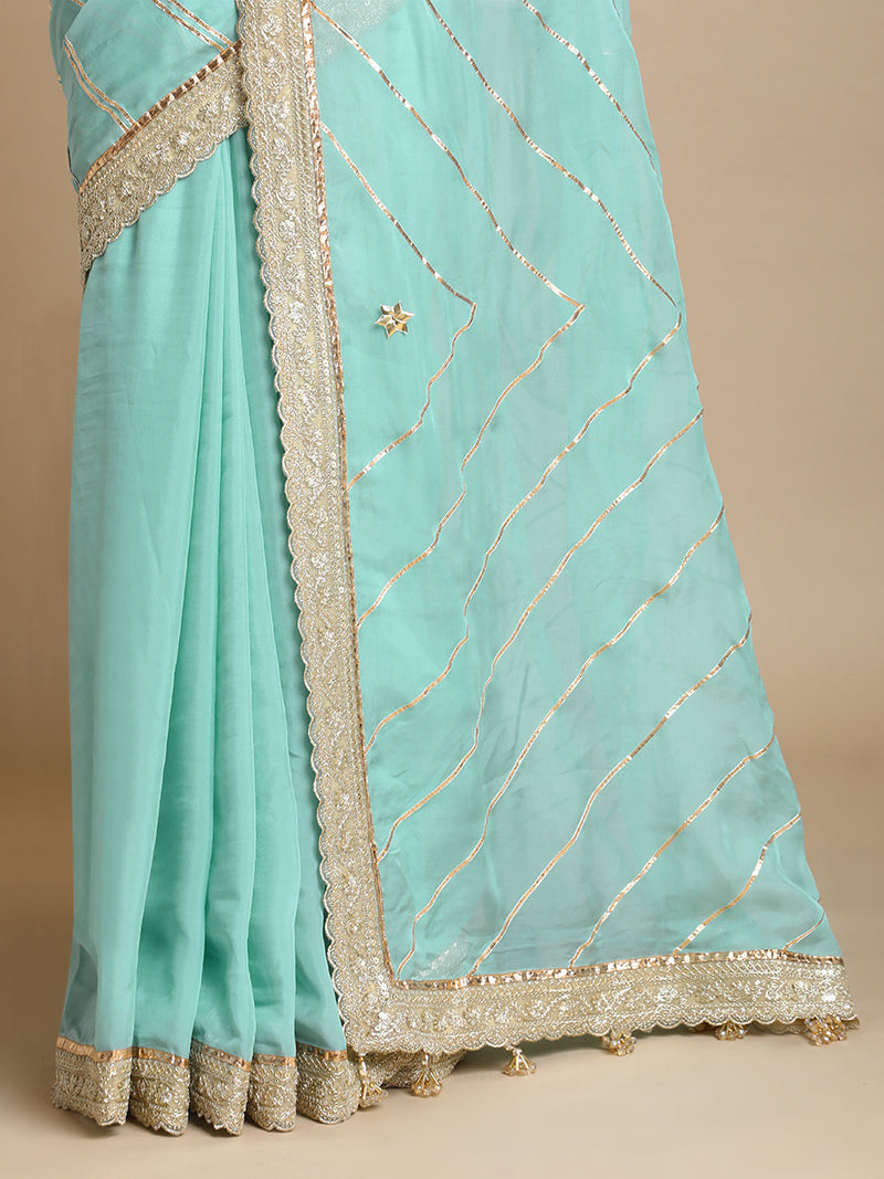 Kalindi x Tyohaar | Powder Blue Viscose Organza Saree With Handcrafted Geometric Gota Work-Binks