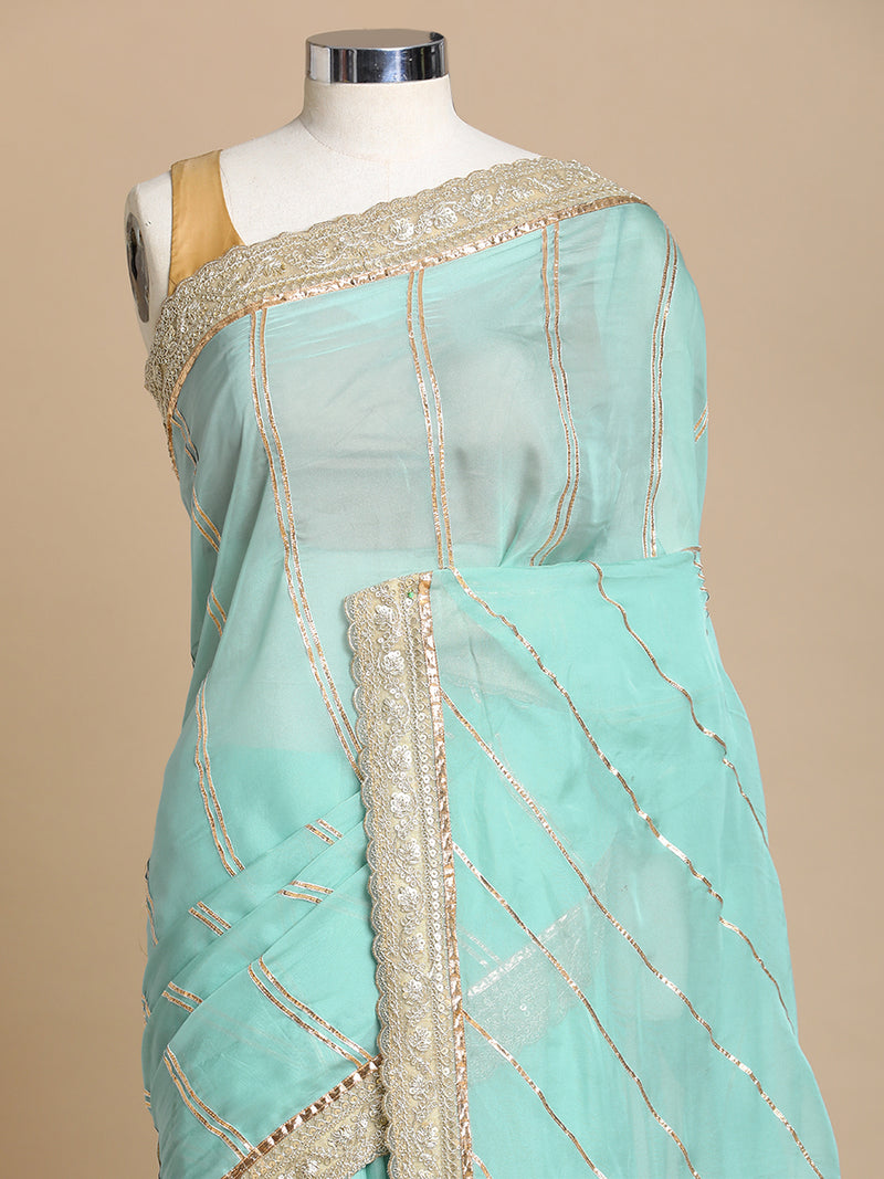 Kalindi x Tyohaar | Powder Blue Viscose Organza Saree With Handcrafted Geometric Gota Work-Binks