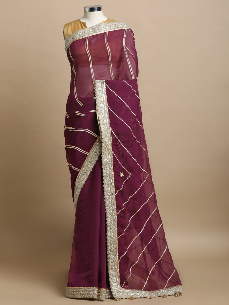 Kalindi x Tyohaar | Velvet Plum Viscose Organza Saree With Handcrafted Geometric Gota Work-Binks