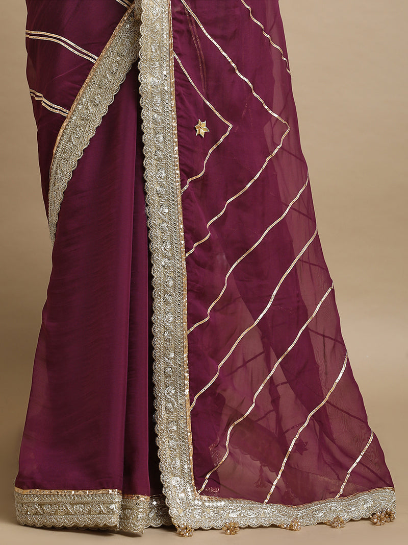 Kalindi x Tyohaar | Velvet Plum Viscose Organza Saree With Handcrafted Geometric Gota Work-Binks