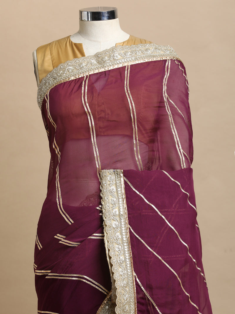 Kalindi x Tyohaar | Velvet Plum Viscose Organza Saree With Handcrafted Geometric Gota Work-Binks