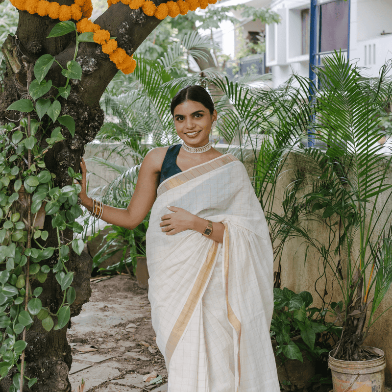 Off-White and Gold Checks Classic Cotton Saree - One-Minute/Ready-to-Wear Option-Binks