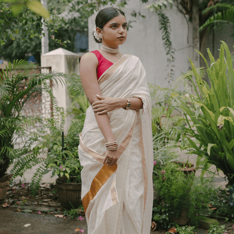 Off-White and Gold Checks Classic Cotton Saree - One-Minute/Ready-to-Wear Option-Binks