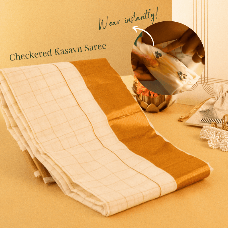 Off-White and Gold Checks Classic Cotton Saree - One-Minute/Ready-to-Wear Option-Binks