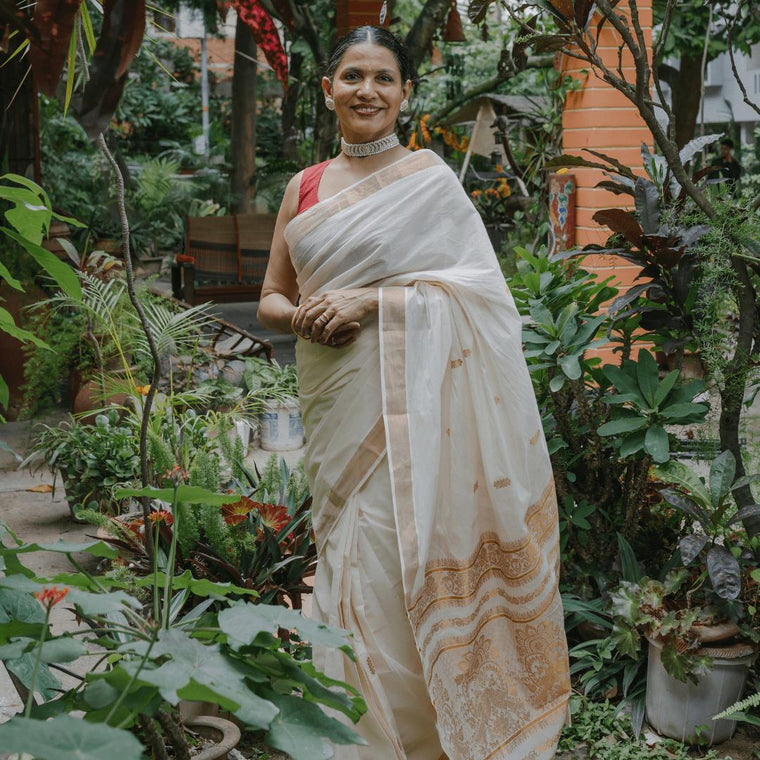 Off White & Gold Cotton Saree w/ Elaborate Pallu, in White 100% Cotton, made for party & festive (view 2).