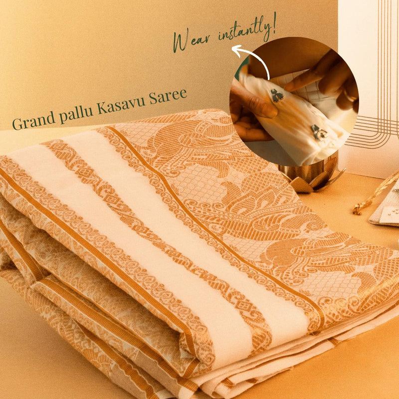 Off White & Gold Cotton Saree w/ Elaborate Pallu-Binks