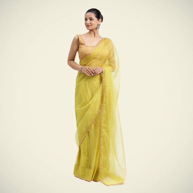 Kinara x Tyohaar | Lemon Yellow Organza Ready-to-Wear Saree with Golden Gota Border-Binks