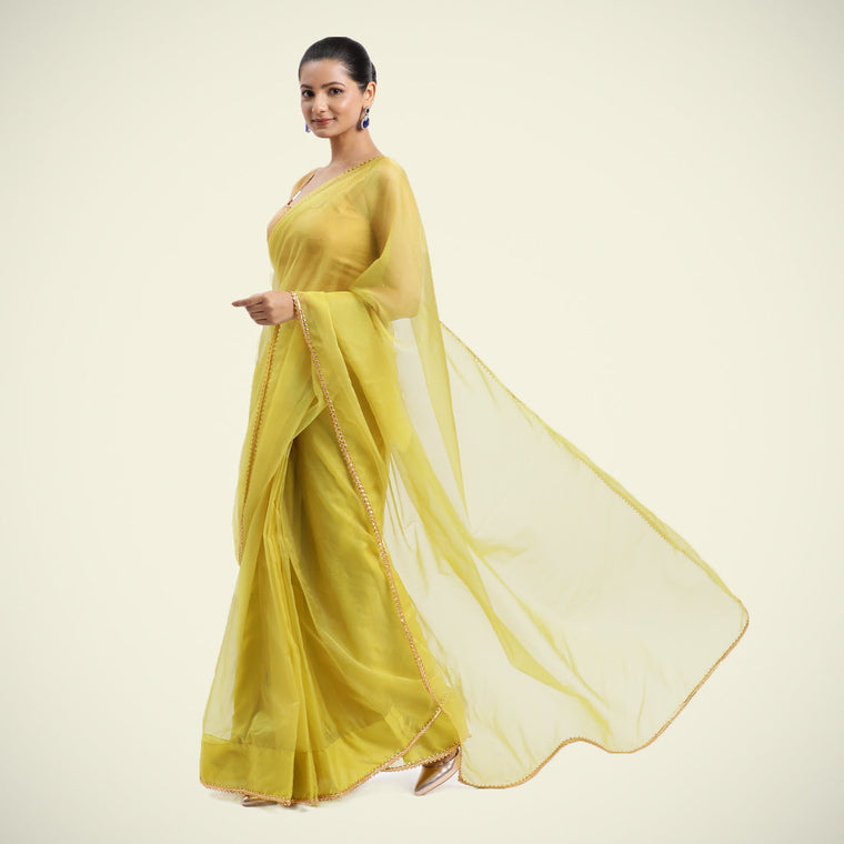 Kinara x Tyohaar Saree, in Yellow Viscose Organza, made for party & festive (view 2).