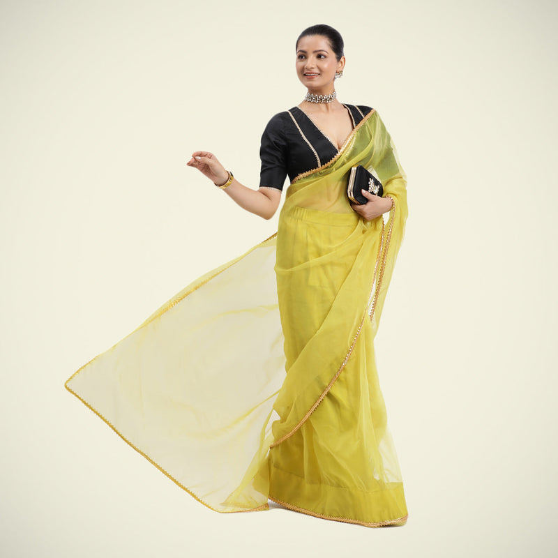 Kinara x Tyohaar | Lemon Yellow Organza Ready-to-Wear Saree with Golden Gota Border-Binks