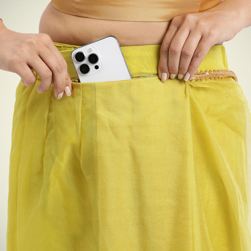 Kinara x Tyohaar | Lemon Yellow Organza Ready-to-Wear Saree with Golden Gota Border-Binks