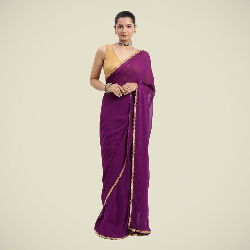 Kinara x Tyohaar | Purple Violet Georgette Ready-to-Wear Saree with Golden Gota Border-Binks