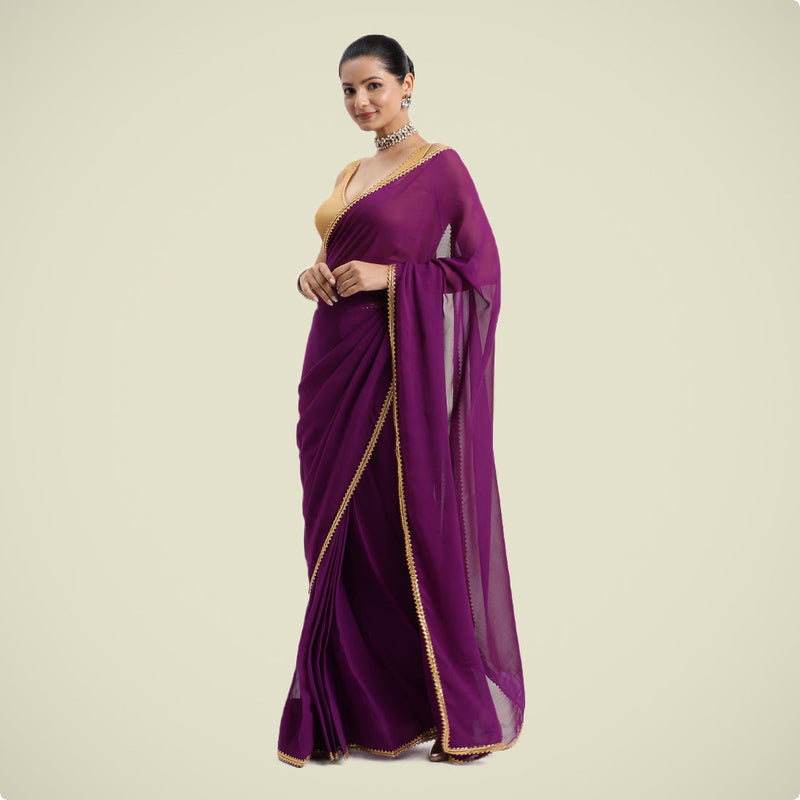 Kinara x Tyohaar | Purple Violet Georgette Ready-to-Wear Saree with Golden Gota Border-Binks